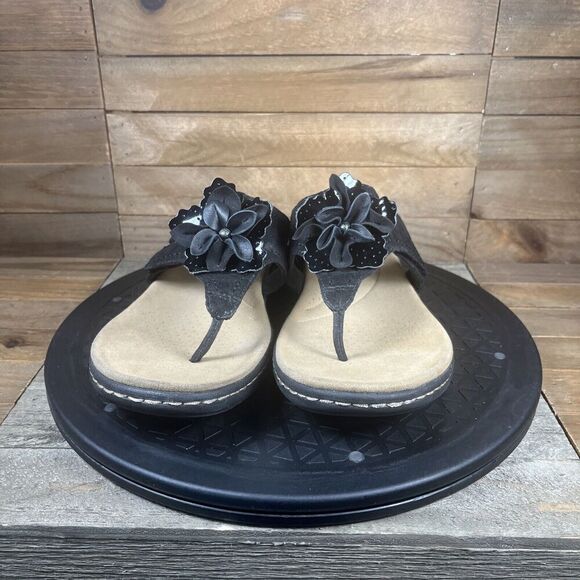 Clarks Women's Size 8 Laurieann Gema Black Leather Open Toe Floral Sandals - Picture 2 of 10